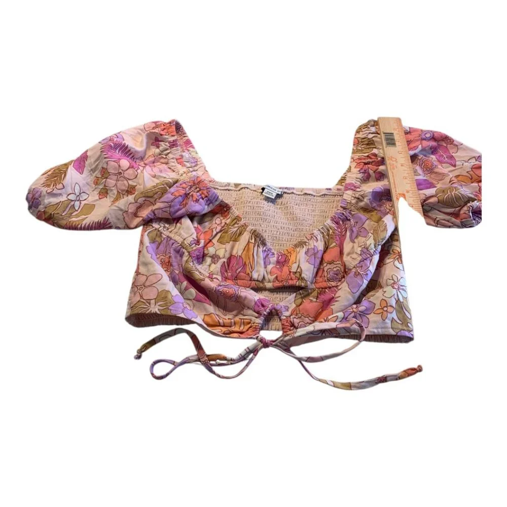 American Eagle Smocked Crop Top Pink Floral Size Medium - Picture 4 of 7